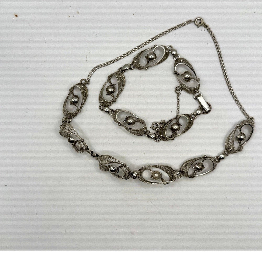 Sterling Silver Cameo Designer Signed Filigree‎ Link Bracelet and necklace